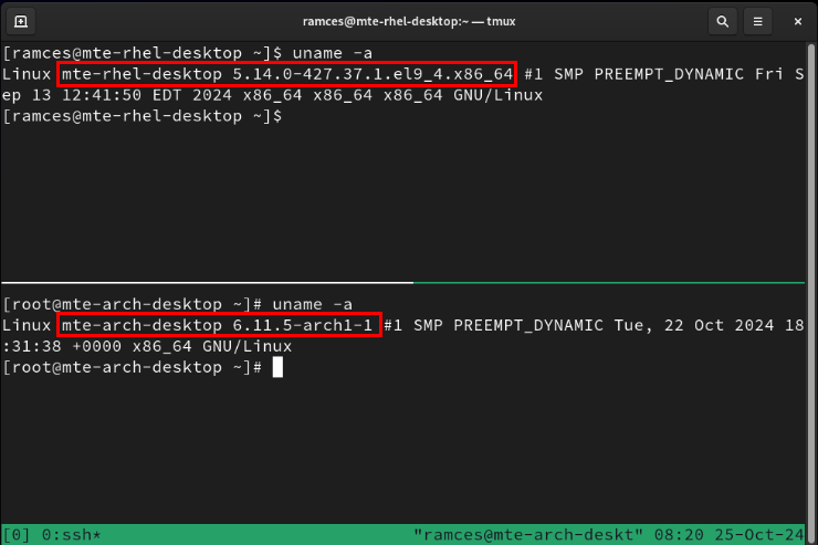 A terminal showing the difference between RHEL and Arch Linux kernel versions.