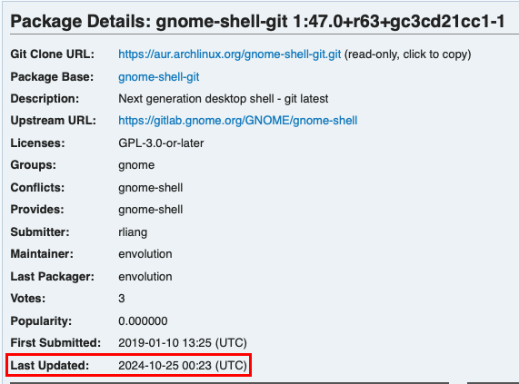 A screenshot showing an AUR package that's tracking the latest git release for gnome-shell.