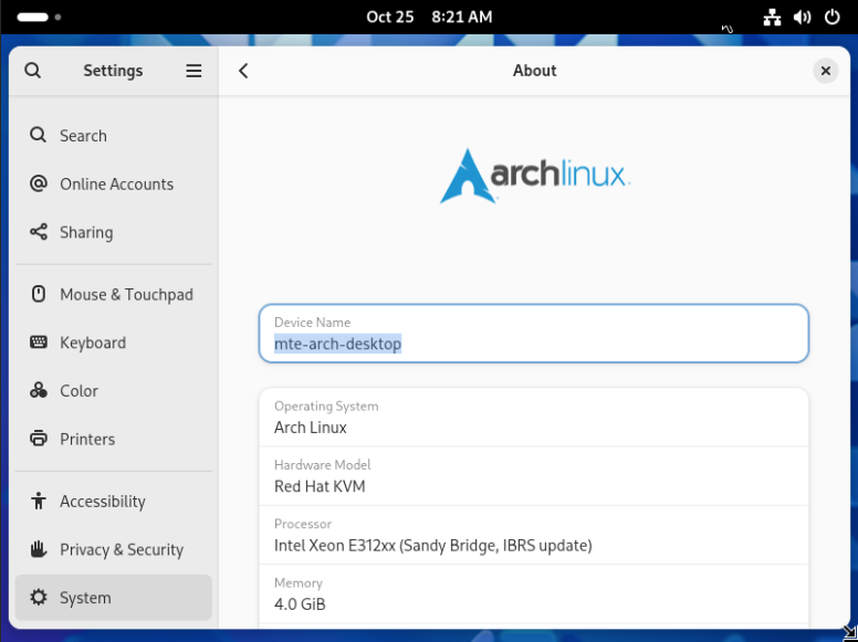 A screenshot showing Arch Linux, a pure rolling release distribution running GNOME desktop.