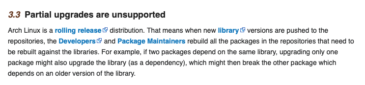 A screenshot of the Arch documentation wiki highlighting the issues with partial upgrades.
