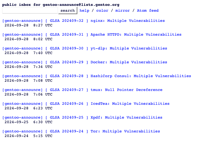 A screenshot showing the different security vulnerability advisories for Gentoo Linux.