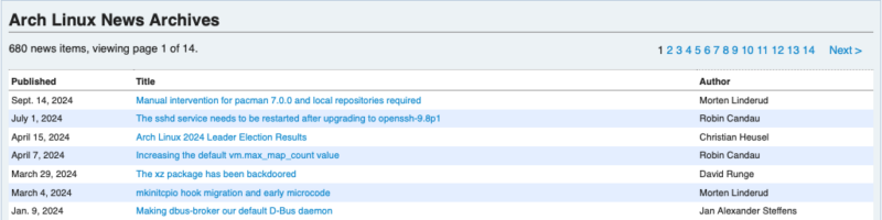 A screenshot showing the news archives for the Arch Linux project.