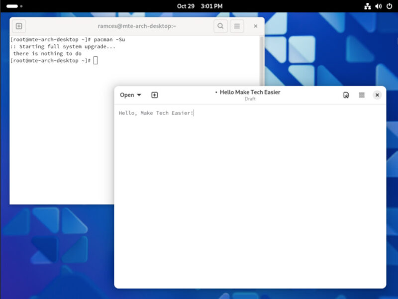 A screenshot showing the GNOME desktop running in Arch Linux.