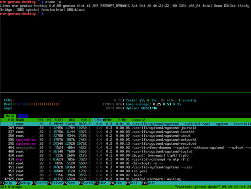 A terminal showing Gentoo Linux running Tmux.