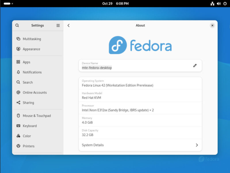A screenshot showing Fedora Rawhide running the latest development version of Fedora.