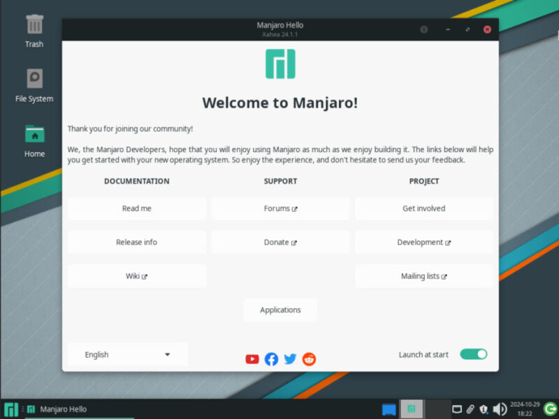 A screenshot showing Manjaro Linux running with the XFCE desktop.