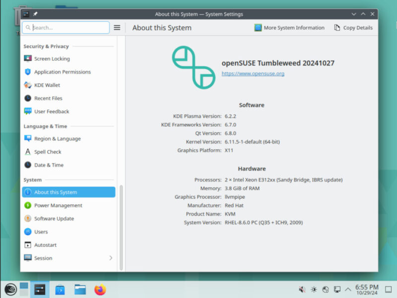 A screenshot showing OpenSUSE Tumbleweed running KDE Plasma 6.