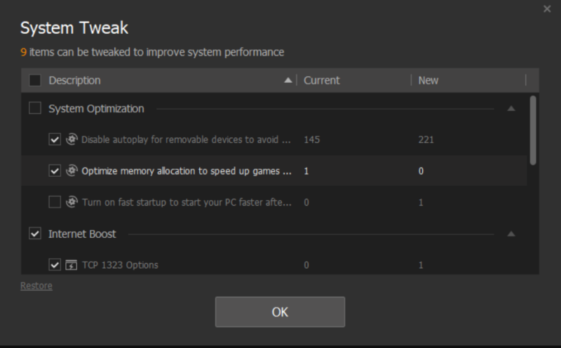 Smart Game Booster list of tweaks