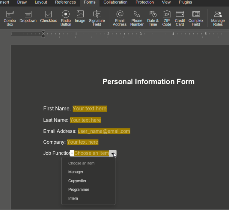 Creating a fillable form in ONLYOFFICE PDF Editor.