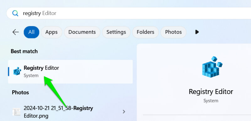 Registry app in Windows Search