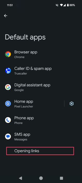 Selecting "Opening links" option in Android Settings.