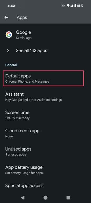 Navigating to "Default apps" option in Android Settings.