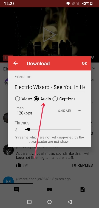 Opting to download a YouTube video as audio file in NewPipe app. 