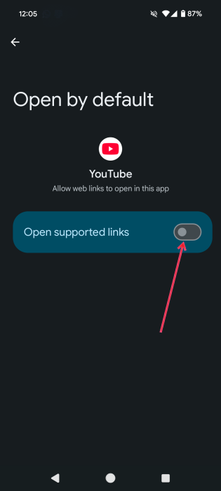 Toggling off "Open supported links" option for YouTube.