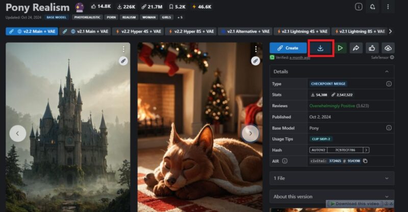 A screenshot frmo the website CIVIT.AI, showing examples of what the Pony Realism AI image model based on Stable Diffusion can do. It shows AI-generated images of a castle and a sleeping fox.