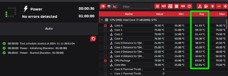 Power test running in OCCT with temperature readings