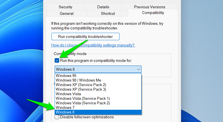 Compatibility setting in Windows with compatibility mode