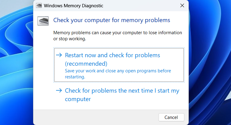 Windows Memory Diagnostic tool restart prompt