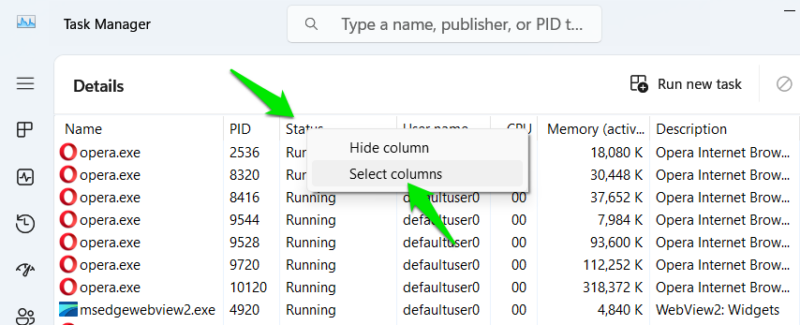 Select Column option in Task Manager