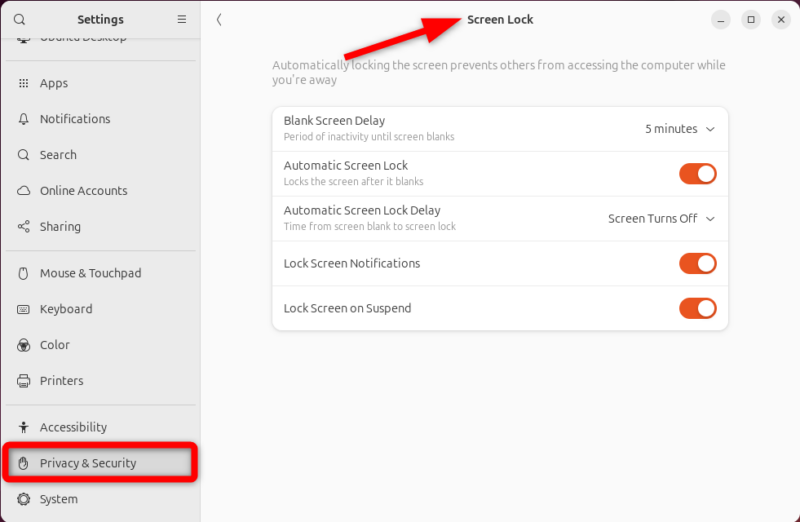 Setting screen lock on Ubuntu Linux.
