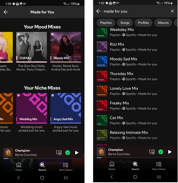 Trying out mood and niche mixes, and searching for more Made for You mixes.
