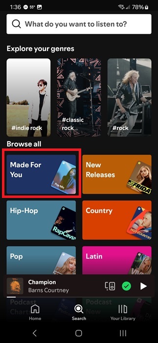 Browsing the Made for You section in Spotify.
