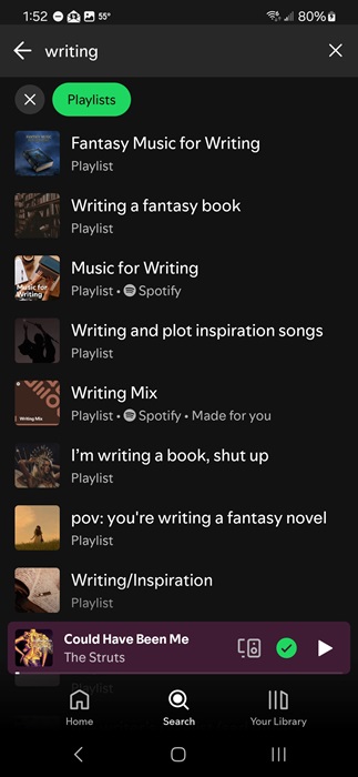 Searching for Spotify playlists about writing.