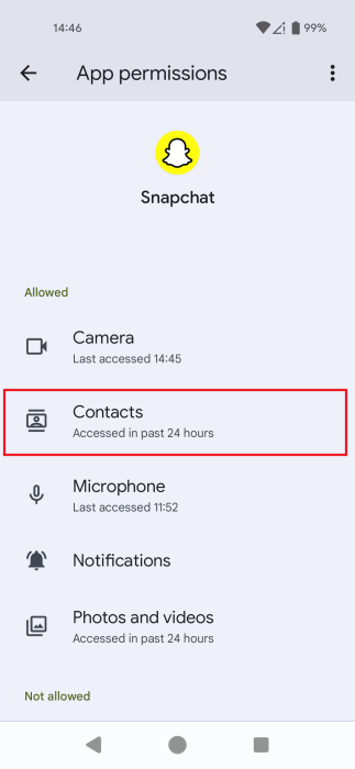 Tapping on Contacts in Snapchat Permissions. 