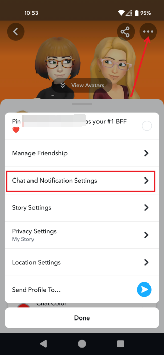 Selecting "Chat and Notifications Settings" in Snapchat conversation. 
