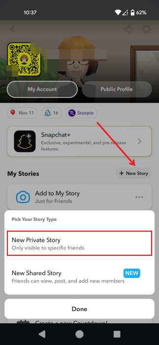 Pressing "New Story" button in Snapchat app. 