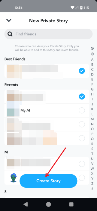 Selecting people who can view private Snapchat story. 