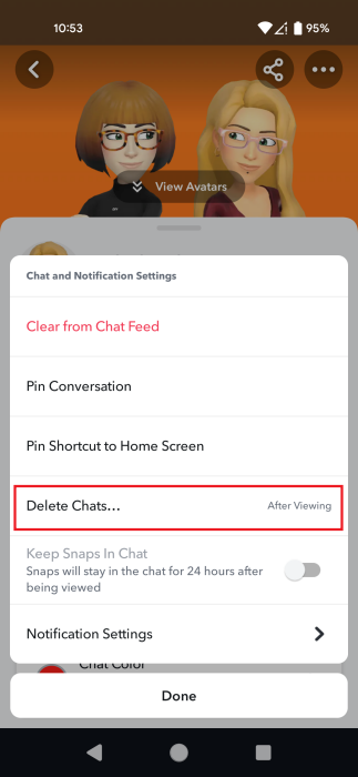 Setting Snapchat to Delete Chats after viewing. 