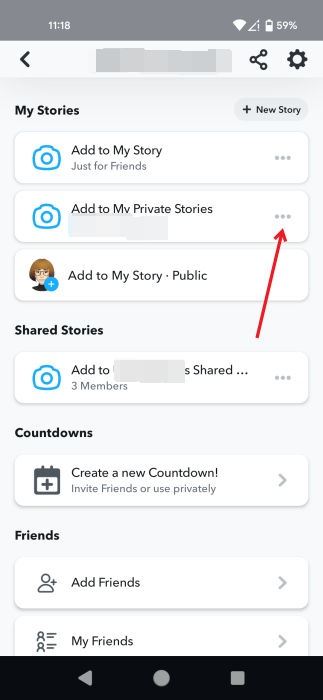 Tapping on three dots next to Snapchat private stories folder. 