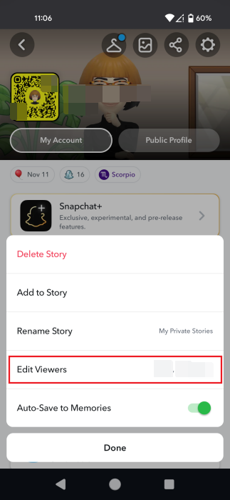 Selecting "Edit Viewers" option to modify audience for Snapchat private story. 