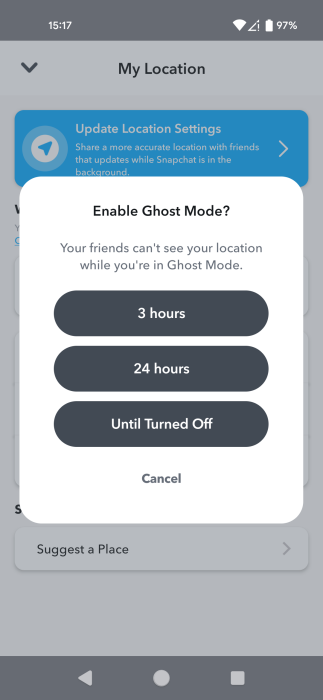 Pop-up asking you to select for how long Ghost Mode is on in Snapchat.