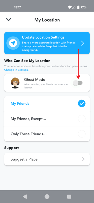 Toggling on Ghost Mode in Snapchat Settings. 