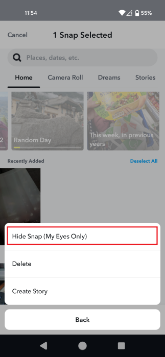 Selecting "Hide Snap (My Eyes Only)" in Memories on Snapchat. 
