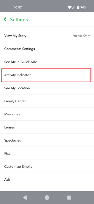 Tapping on "Activity Indicator" in Snapchat Settings.