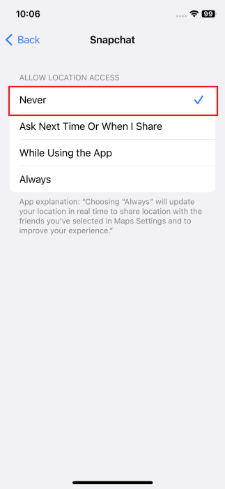 Setting Snapchat Location Access on iPhone to Never.