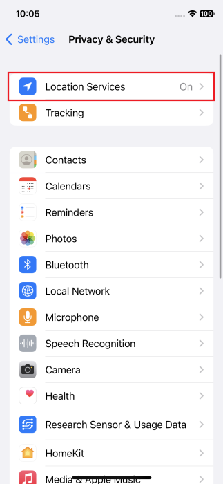 Tapping on "Location Services" in iPhone Settings.
