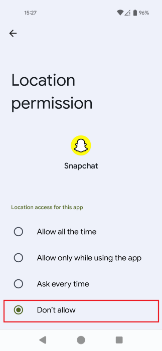 Switching to "Don't allow" permission for Location on Snapchat.