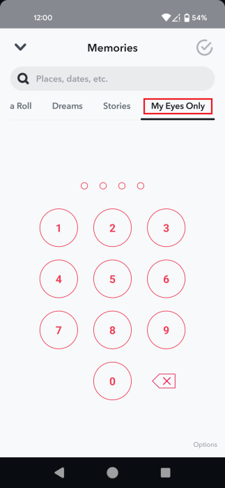 View of "My Eyes Only" folder in Snapchat app. 