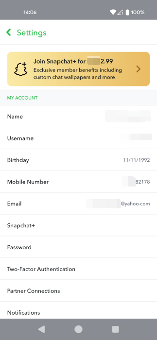 Personal details view in Snapchat app. 