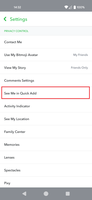 Selecting "See Me in Quick Add" option in Snapchat.