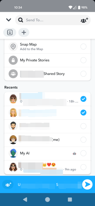 Sending snaps in Snapchat app. 
