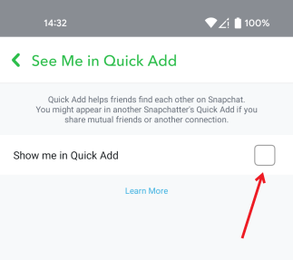 Unchecking "Show me in Quick Add" option in Snapchat app. 