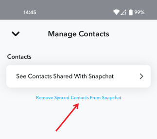 Opting for "Remove Synced Contacts from Snapchat" in Manage Contacts on Snapchat.