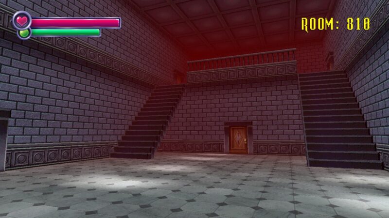 A screenshot from one of the best horror games that are free, Spooky's Jump Scare mansion. The image shows a huge hall with stairs on either side, and the upper story is bathed in  a red glow, emitting an overall ominous aura.