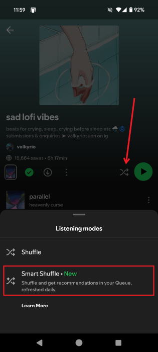 Activating Smart Shuffle in Spotify app. 
