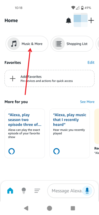 Tapping on "Music & More" button in Amazon Alexa app. 